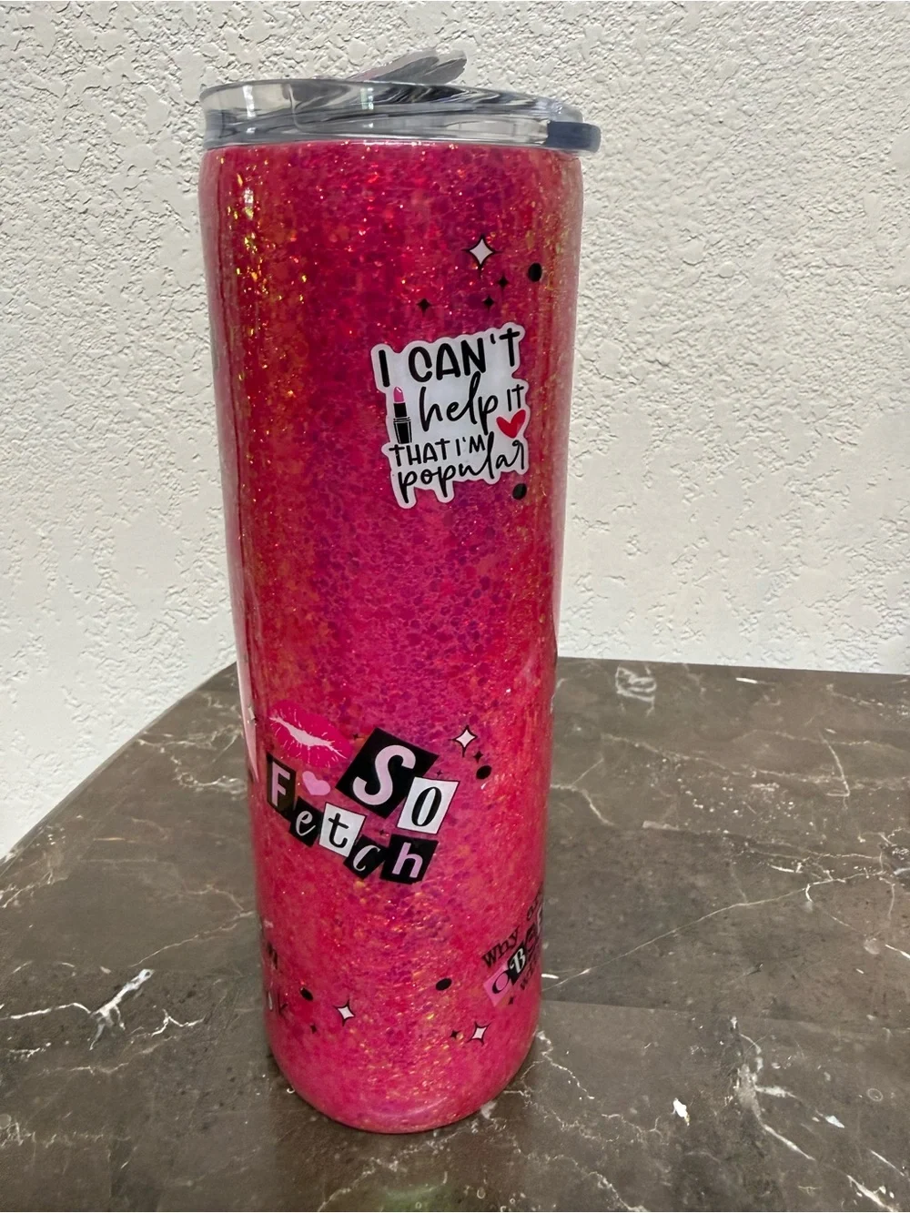 Mean Girls Pink Glitter 30 oz Skinny Tumbler Cup Handmade